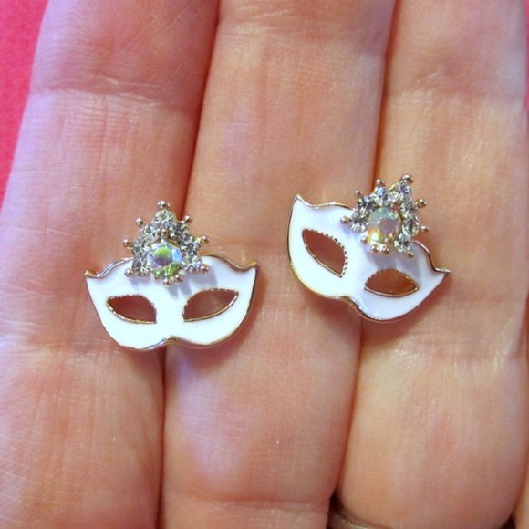 Phantom of the Opera Earrings Mask~White & AB~Masquerade Theater~Hypoallergenic - Picture 1 of 5